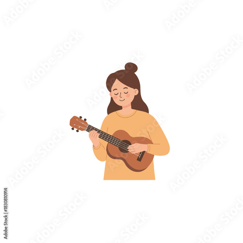 A young woman's peaceful escape with her ukulele, a moment of musical expression and simple