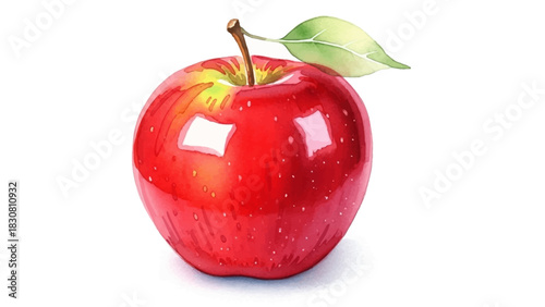 Lush Hand-Painted Watercolor Illustration of a Single Fresh Red Apple with a Stem and a Bright Green Leaf on a Crisp White Background
