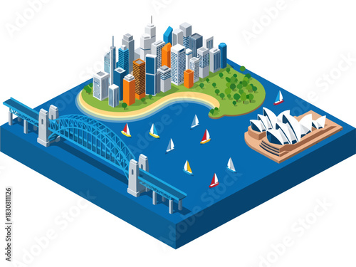 A vibrant isometric cityscape captures the sunny charm of Sydney, showcasing the famous Opera House sails and blue Harbour Bridge connected to a cluster of skyscrapers by a serene, boat-filled bay