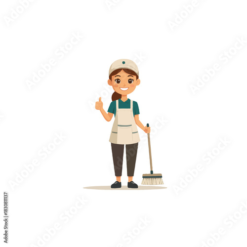 Cartoon maid stands ready, broom in hand offering assurance for a spotless and welcoming dwelling