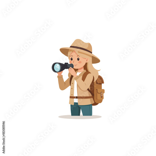 Cartoon woman explorer with binoculars on an expedition adventure observing nature and discovering