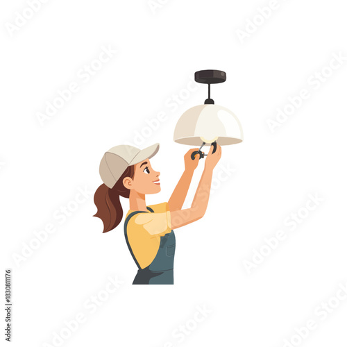 Competent electrical expert installs modern ceiling lamp at home with precision and focused