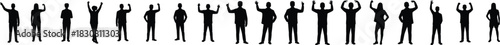 Celebrating team diverse silhouettes raising arms in success for positive teamwork themes. Vector illustration.