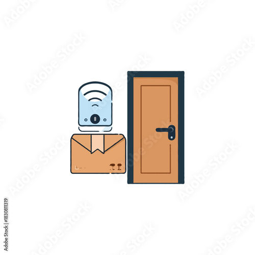 Delivery notification concept showcasing a smart doorbell and package left by front entrance with