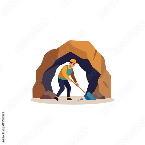 Diligence mining illustration depicting manual labor in natural excavation site showing
