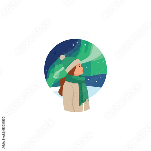 Dreamy winter night escapade: woman in knitted attire admires aurora borealis spectacle under