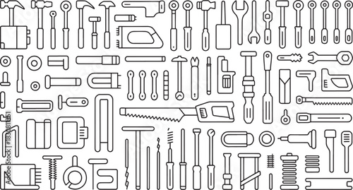 Assorted hand tools and power tools line art icons collection hammer wrench
