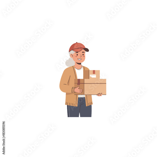 Elderly woman delivery service carrying cardboard packages with care showing independence and