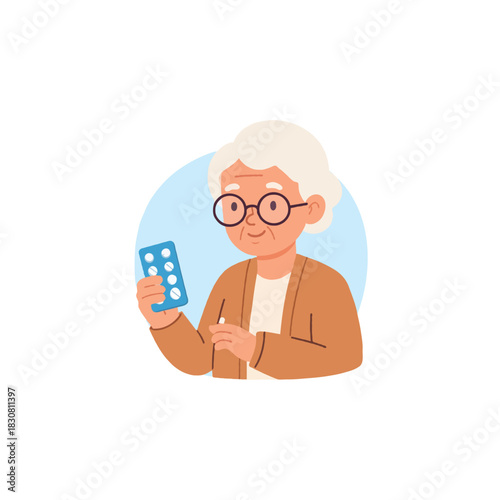 Elderly woman holding medication blister pack illustrating healthcare for seniors and wellness