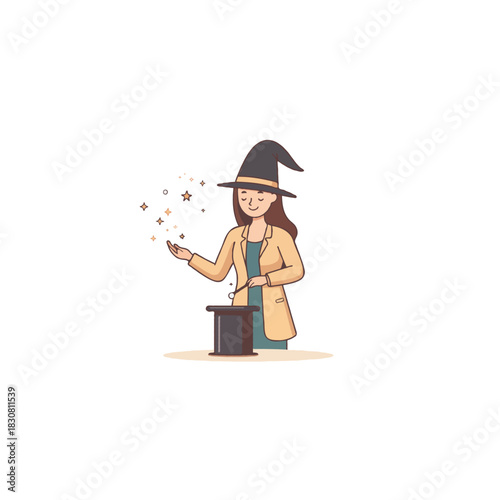 Enchanting illustration of a woman conjuring sparkling wonders with a magic wand from a hat