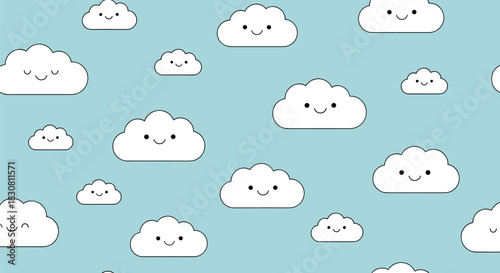 A whimsical, seamless pattern of cute, smiling cartoon clouds floating happily in a clear blue sky, perfect for children's designs.