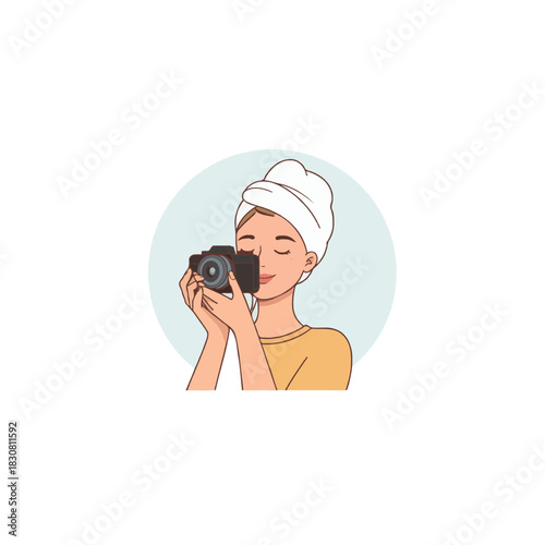 Enthusiastic young woman with towel on head capturing moments with digital camera displaying