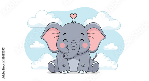 A joyful and cute cartoon baby elephant with rosy cheeks smiles contentedly, sitting among fluffy clouds under a blue sky, a heart floating above its head.