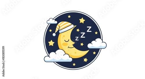 Cute cartoon sleepy moon with a striped nightcap, floating among stars and clouds in a dark night sky, illustrating peaceful dreams and bedtime.