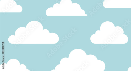 A cheerful and simple pattern of white cartoon clouds floating in a light blue sky, ideal for backgrounds or children's designs.