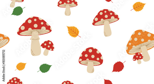A charming seamless pattern features a whimsical collection of red and orange spotted mushrooms with scattered autumn leaves on a clean white background.