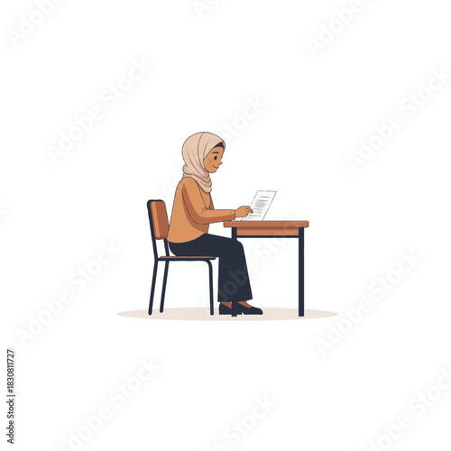 Focused student in hijab studies at desk engaged with learning materials illustration