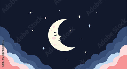 A serene crescent moon with a sleeping face floats among twinkling stars in a dark night sky, framed by soft, colorful clouds.