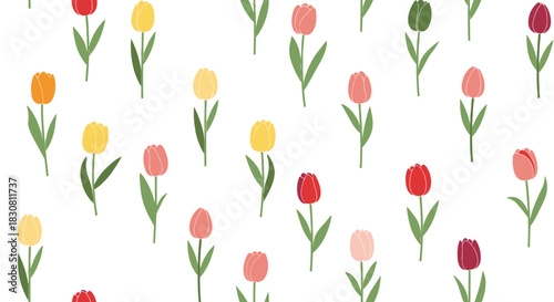 Colorful cartoon tulips in a seamless pattern, featuring red, pink, yellow, and orange flowers on a white background, ideal for spring and nature themes.