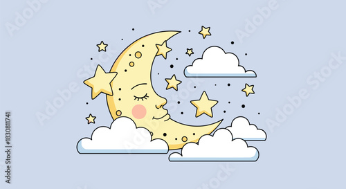 Peaceful cartoon illustration of a sleeping crescent moon with a gentle smile, surrounded by twinkling stars and soft white clouds in a light blue sky.