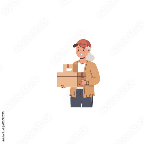 Friendly delivery woman in casual wear holding a stack of boxes representing courier service and