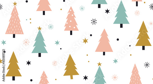 A delightful seamless pattern featuring cute Christmas trees, snowflakes, and stars in soft pastel colors, perfect for holiday and winter themes.