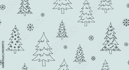 A charming seamless pattern featuring hand-drawn Christmas trees and falling snowflakes on a light blue-green background, evoking a festive winter holiday spirit.