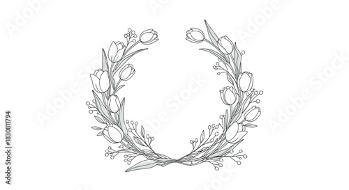 A beautiful hand-drawn black and white floral wreath illustration featuring delicate tulips and sprigs of berries, perfect for invitations and greetings.