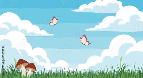 A simple and vibrant cartoon illustration of a peaceful natural landscape with butterflies, clouds, green grass, and mushrooms.