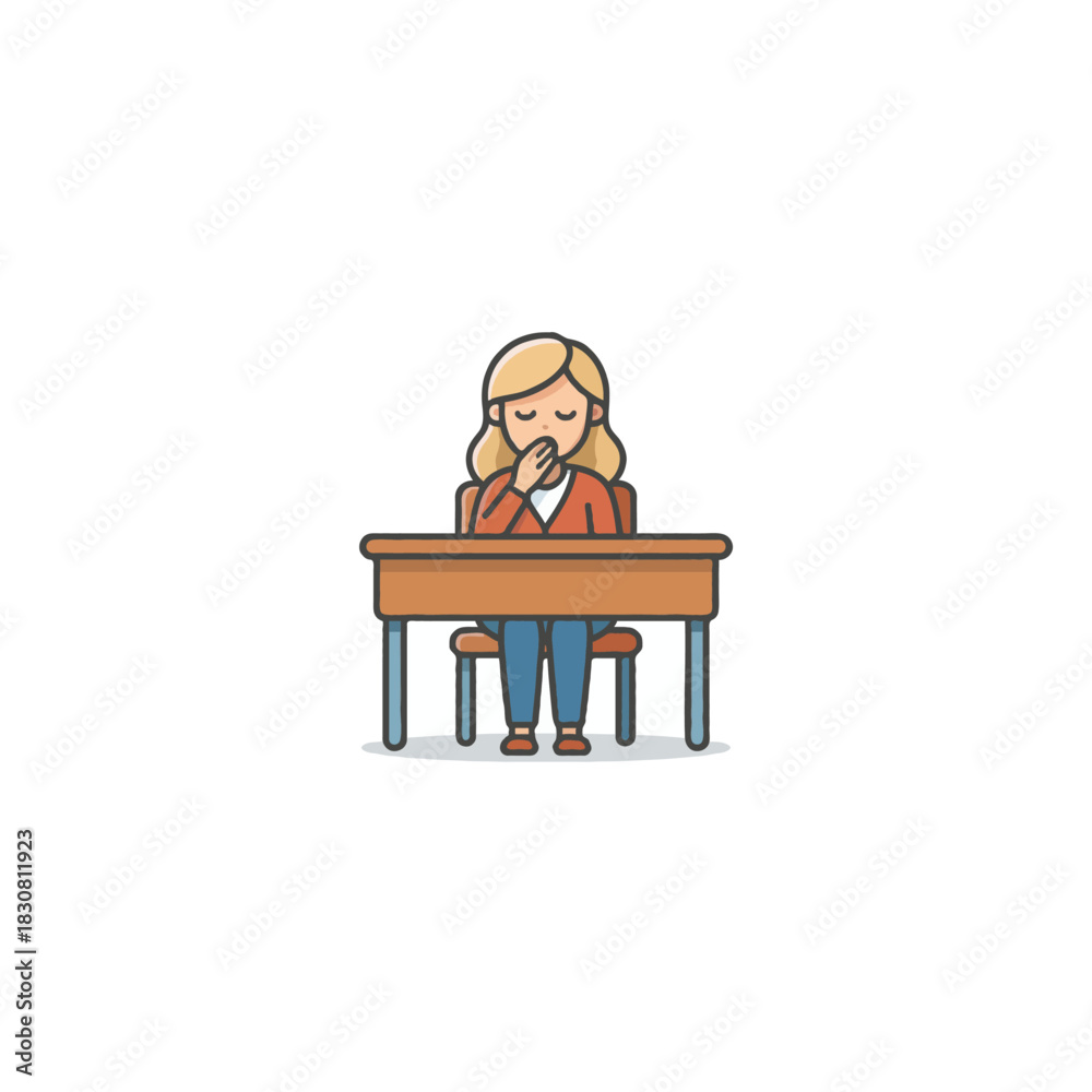 Fototapeta premium Illustration of a seated fair-haired young woman thoughtfully pondering a challenge at her desk