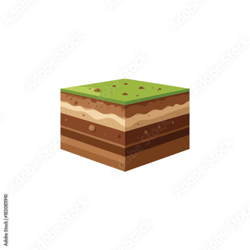 Illustration of a layered earth cube demonstrating soil composition with grass and multiple