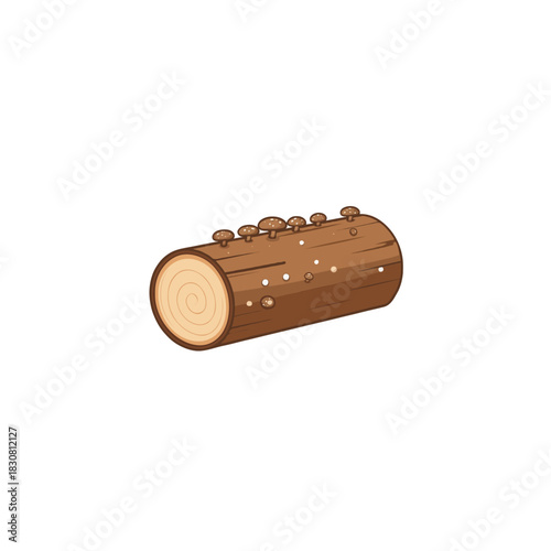 Isolated wooden log with small mushrooms showcases nature's symbiosis and organic decomposition