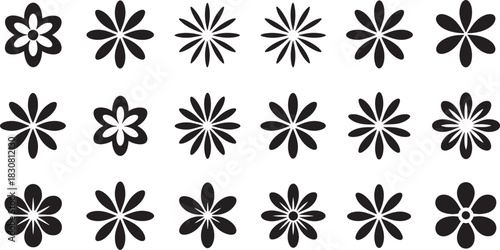 Assortment of black flower petal icons in various arrangements bloom blossom