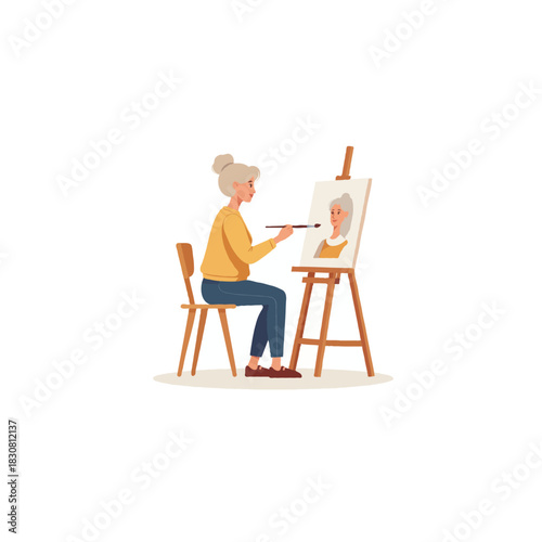 Mature woman engaged in artistic expression creating a portrait on canvas with creativity