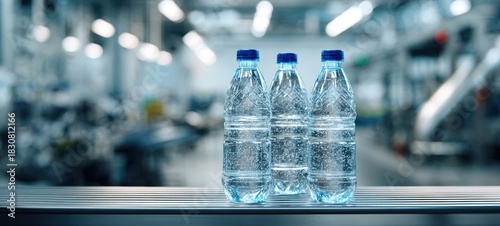 The water bottles on a conveyor belt in a modern bottling factory