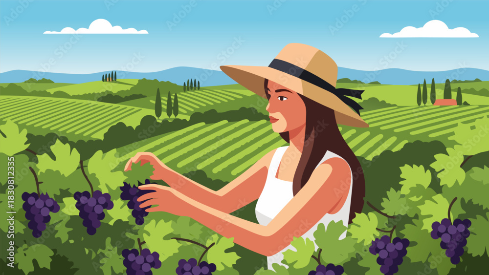 Obraz premium Young woman in a straw hat harvesting ripe purple grapes in a scenic vineyard during the autumn harvest season vector illustration