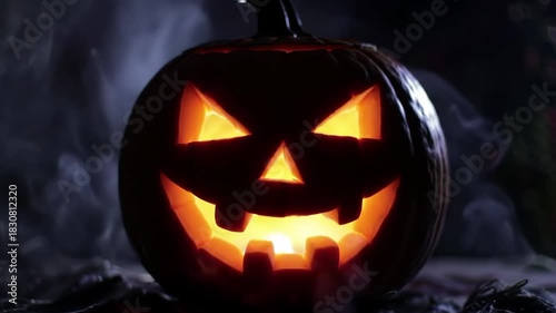 Lit jack-o'-lantern with smoky background for spooky Halloween decorations