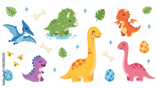 Adorable Collection of Cartoon Dinosaurs and Prehistoric Elements for Children's Designs