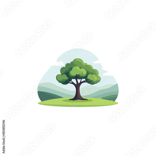 Stylized solitary arboreal silhouette against verdant hills and cerulean skyline representing