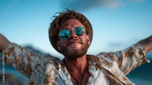 A carefree young adult in a floral shirt and hat enjoys a tropical beach, arms wide open under a bright sky, perfectly capturing the spirit of freedom and summer joy.