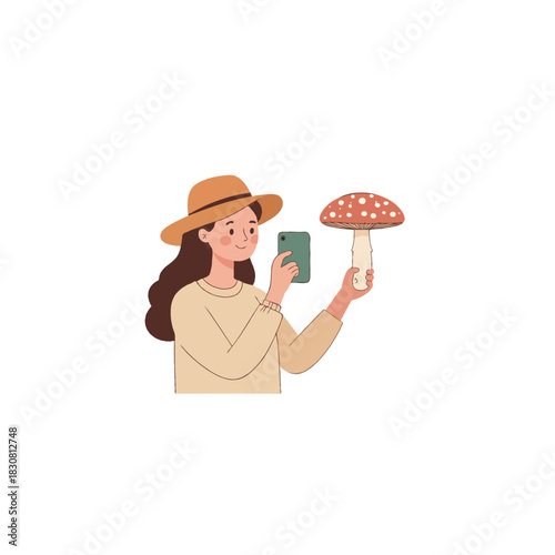 Woman capturing mushroom with her phone during a forest exploration for scientific purposes