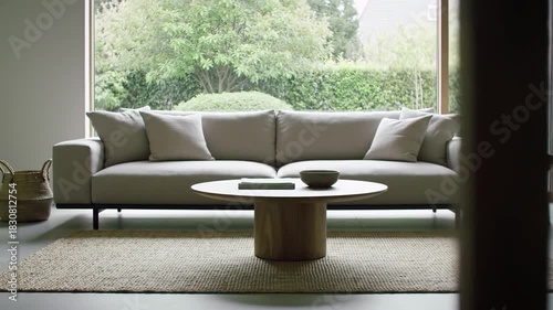 Living room interior with a sofa, looking out into garden, ideal for real estate websites