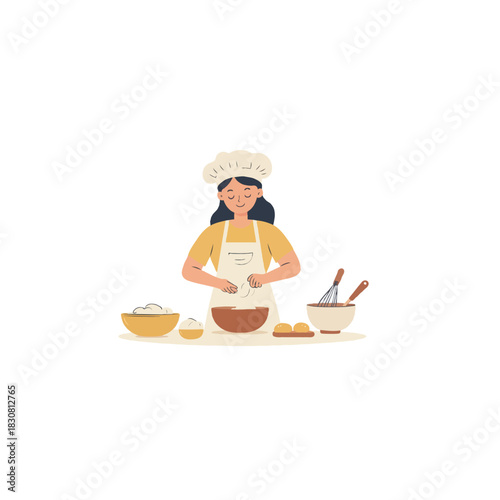 Woman chef preparing dough for delicious baking with flour, eggs, and tools on a kitchen counter