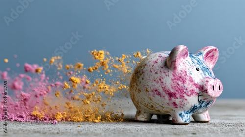 A vibrant piggy bank enveloped in a colorful powder explosion, symbolizing wealth, prosperity, and the excitement of financial success.