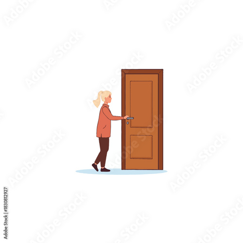 Young woman approaches door holding handle ready to enter an interior space preparing for