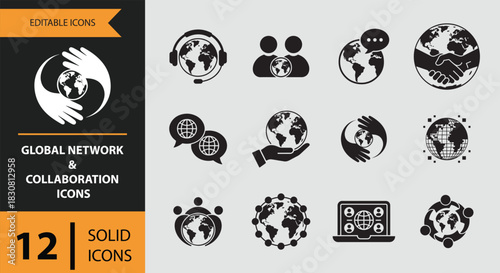 12 global network and collaboration icons solid icon set isolated on white background
