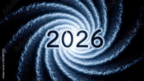 Spiral Snow Particles Forming 2026 on Black Background