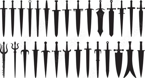 Assortment of Black Sword Icons and Silhouettes on White Background Keywords: sword, swords, blade
