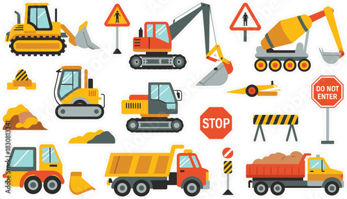 Collection of Construction Vehicles and Safety Signs on a White Background Keywords