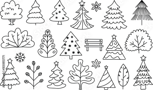 Collection of Hand- Drawn Christmas Trees and Winter Foliage Keywords: Christmas, tree, winter